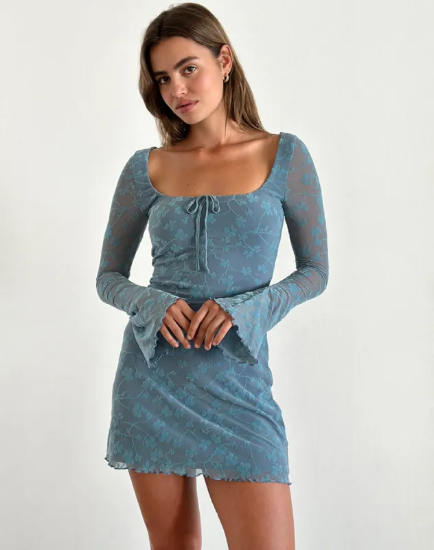 Tatyana Mini Dress in Grunge Floral Blue Grey sold by Motel Rocks