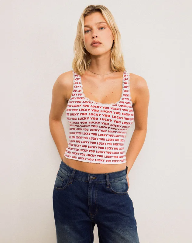 Carillo Top in White with Lucky You Text in Red sold by Motel Rocks