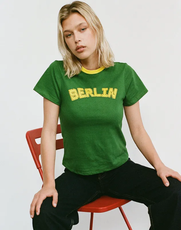 Sakha Boxy Top in Elm Green with Yellow Binding and Berlin Emb made by Motel Rocks