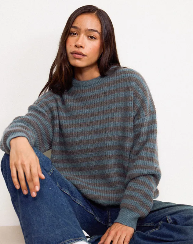Orvala Knit Jumper in Slate and Brown Stripe made by Motel Rocks