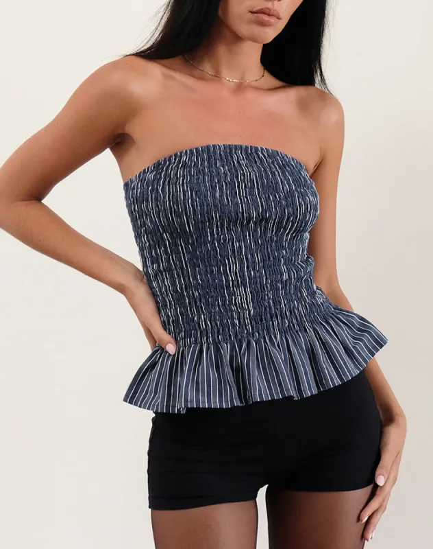 Sutisna Bandeau Top in Indigo Stripe Dark Blue sold by Motel Rocks