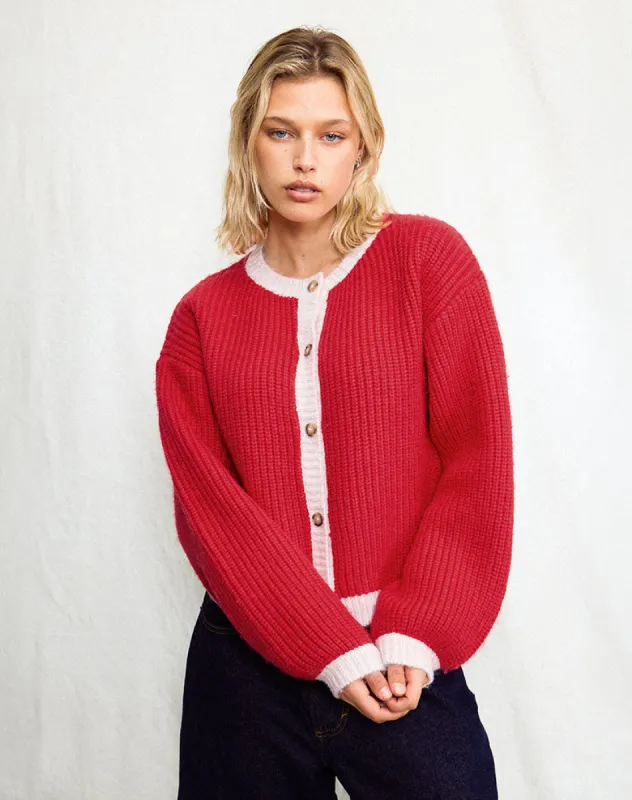 Luciana Contrast Cardigan in Red and Pink sold by Motel Rocks