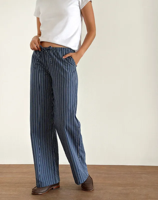 Lirura Wide Leg Trousers in Indigo Stripe Dark Blue sold by Motel Rocks