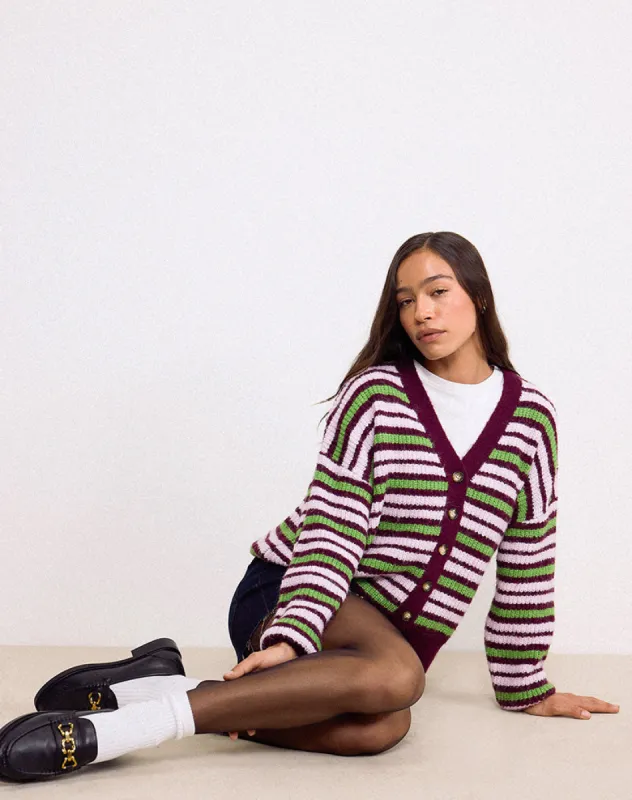 Uriela Cardigan in Green Pink and Burgundy Stripes made by Motel Rocks