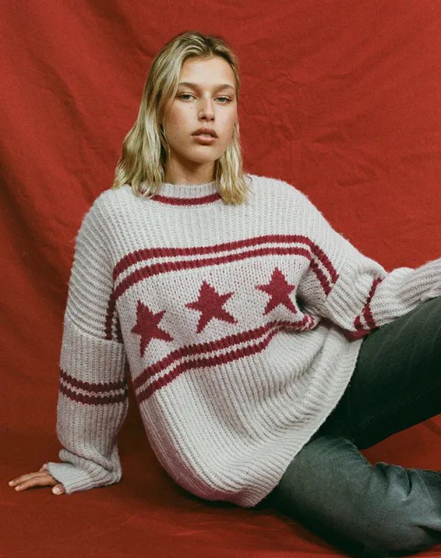 Lulees Oversized Jumper in Oat with Star Stripe sold by Motel Rocks
