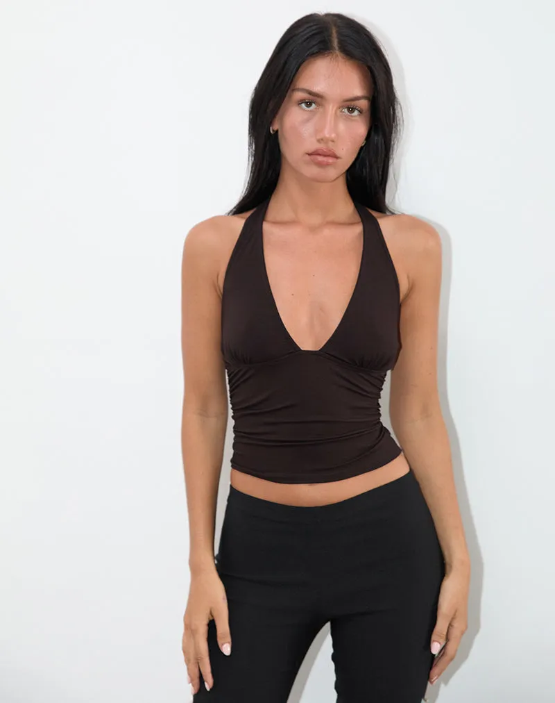 Cosmo Halterneck Top in Jersey Chocolate Brown sold by Motel Rocks