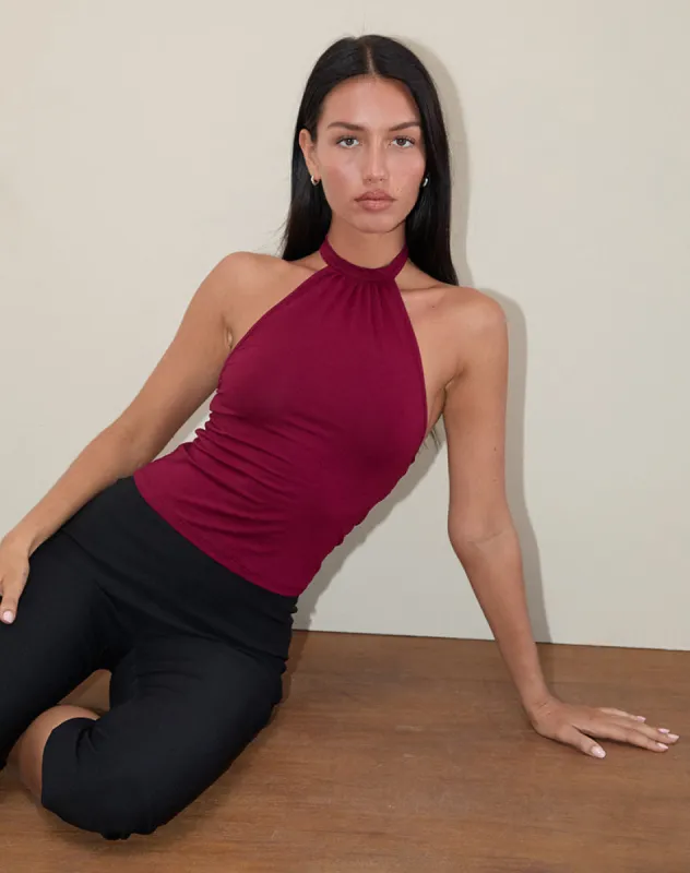 Raceline Halterneck Top in Rayon Jersey Burgundy sold by Motel Rocks