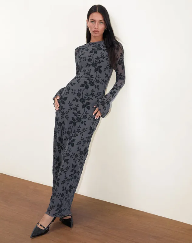 Slokya Long Sleeve Maxi Dress in Vine Floral Flock Ocean Storm sold by Motel Rocks