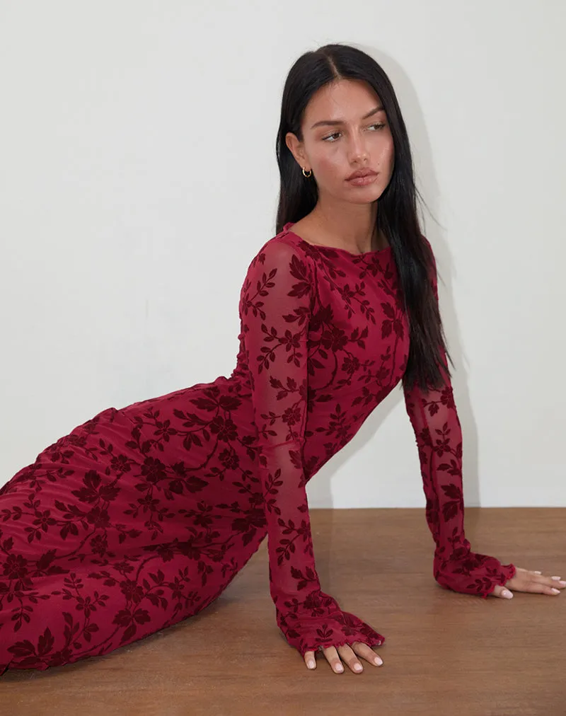 Slokya Long Sleeve Maxi Dress in Vine Floral Flock Cherry sold by Motel Rocks product image thumbnail 2