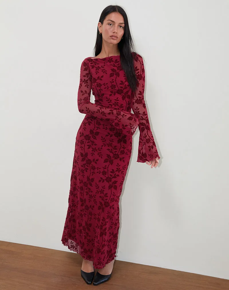 Slokya Long Sleeve Maxi Dress in Vine Floral Flock Cherry sold by Motel Rocks