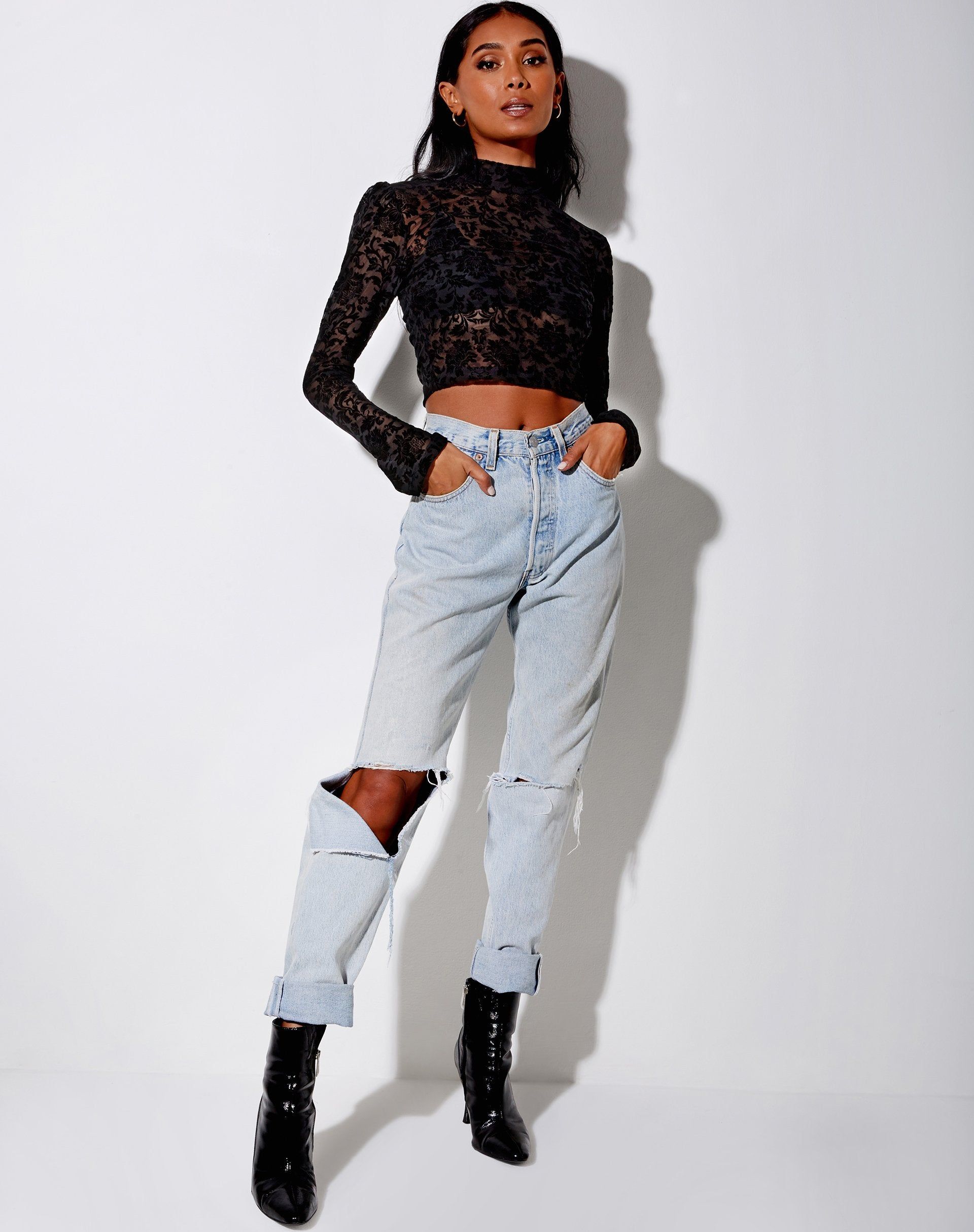 Gracy Crop Top in Brocade Rose Flock Black sold by Motel Rocks product image thumbnail 4