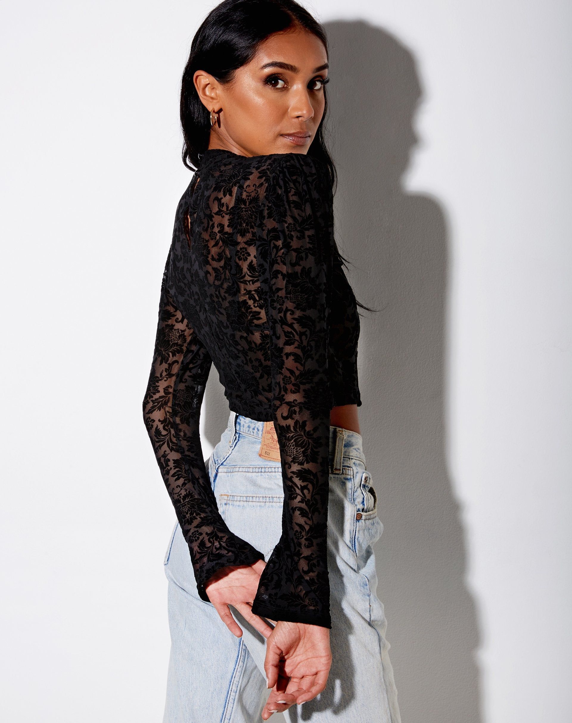 Gracy Crop Top in Brocade Rose Flock Black sold by Motel Rocks product image thumbnail 3