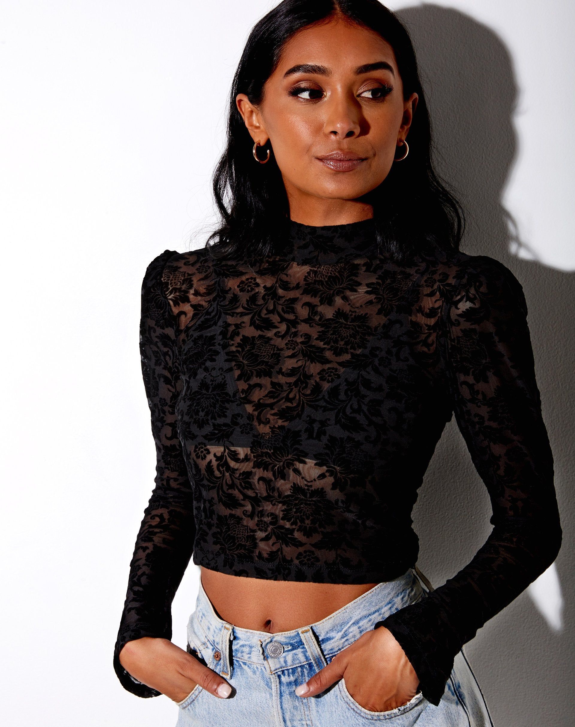 Gracy Crop Top in Brocade Rose Flock Black sold by Motel Rocks product image thumbnail 2
