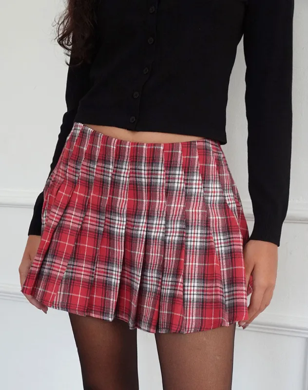 Cida Small Pleat Mini Skirt in Red Check sold by Motel Rocks
