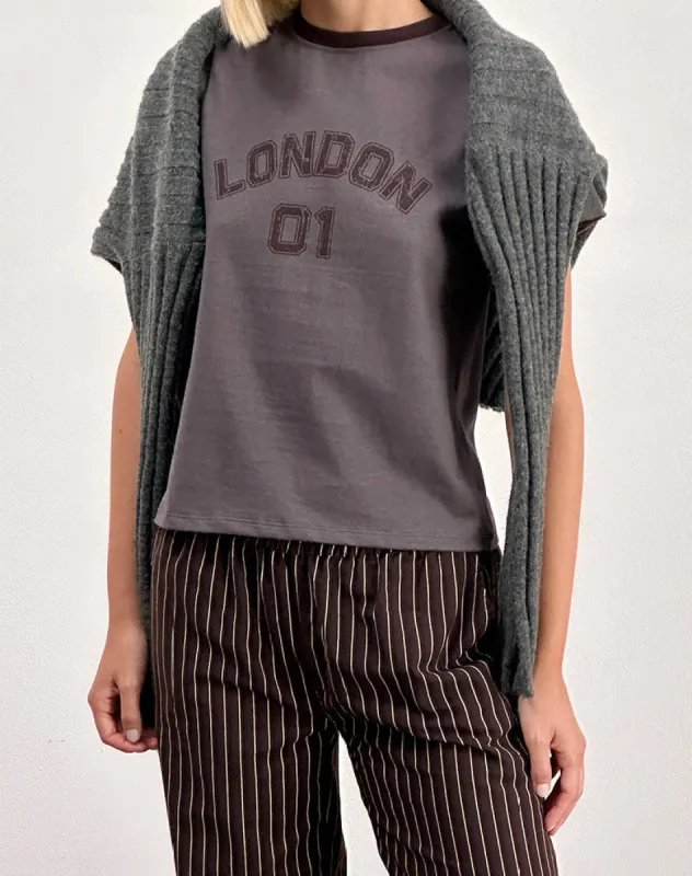 Sakha Boxy Tee in Dark Grey with London Print and Brown Binding made by Motel Rocks