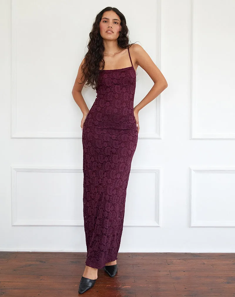 Darsih Cami Maxi Dress in Paisley Lace Burgundy sold by Motel Rocks