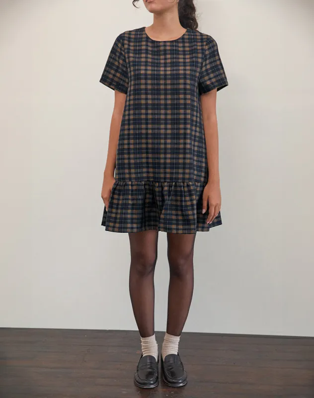 Asterin Mini Smock Dress in Navy Mustard Check sold by Motel Rocks