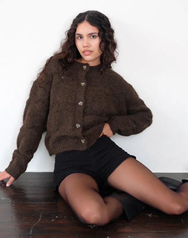 Luciana Textured Knit Cardi in Dark Brown sold by Motel Rocks