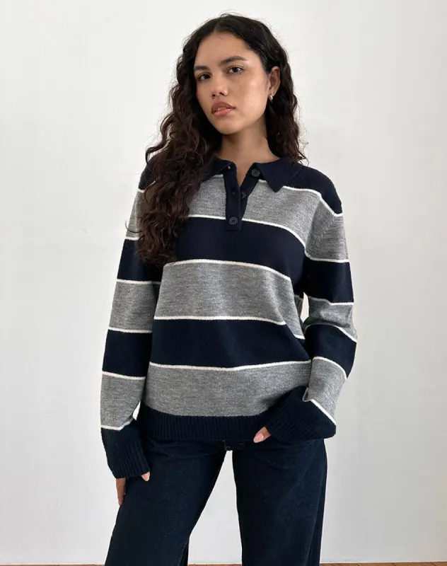 Yusnada Oversized Rugby Jumper in Navy and Grey Stripe sold by Motel Rocks