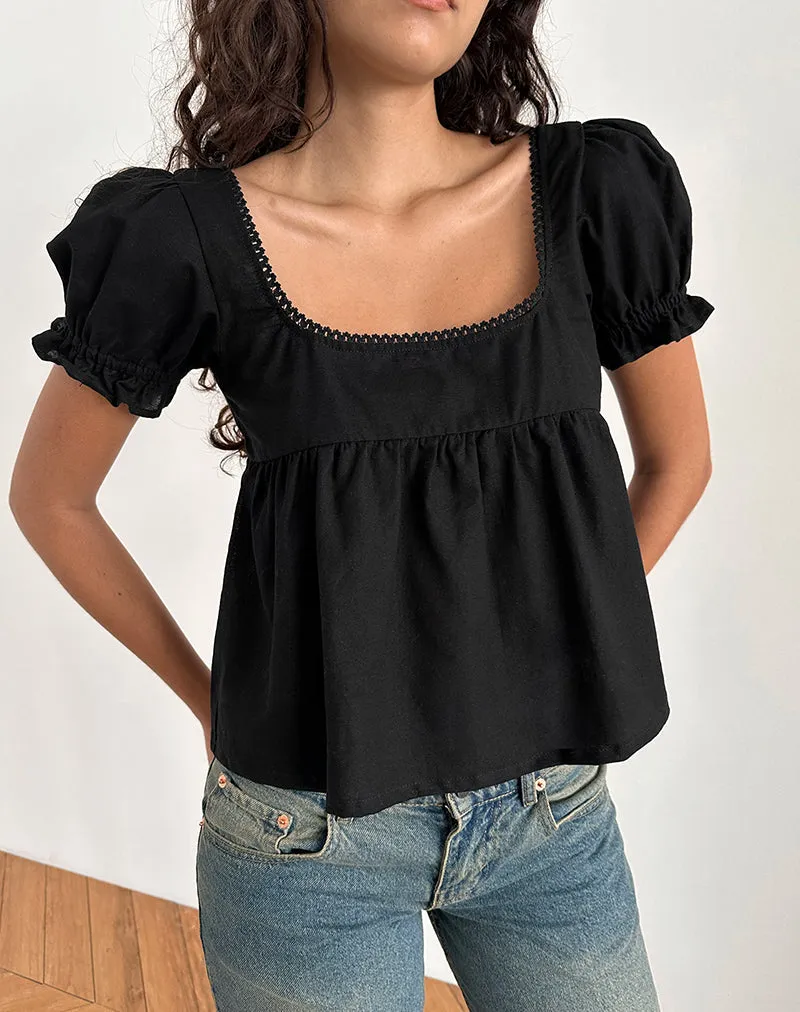 Axoni Square Neck Blouse in Linen Black sold by Motel Rocks