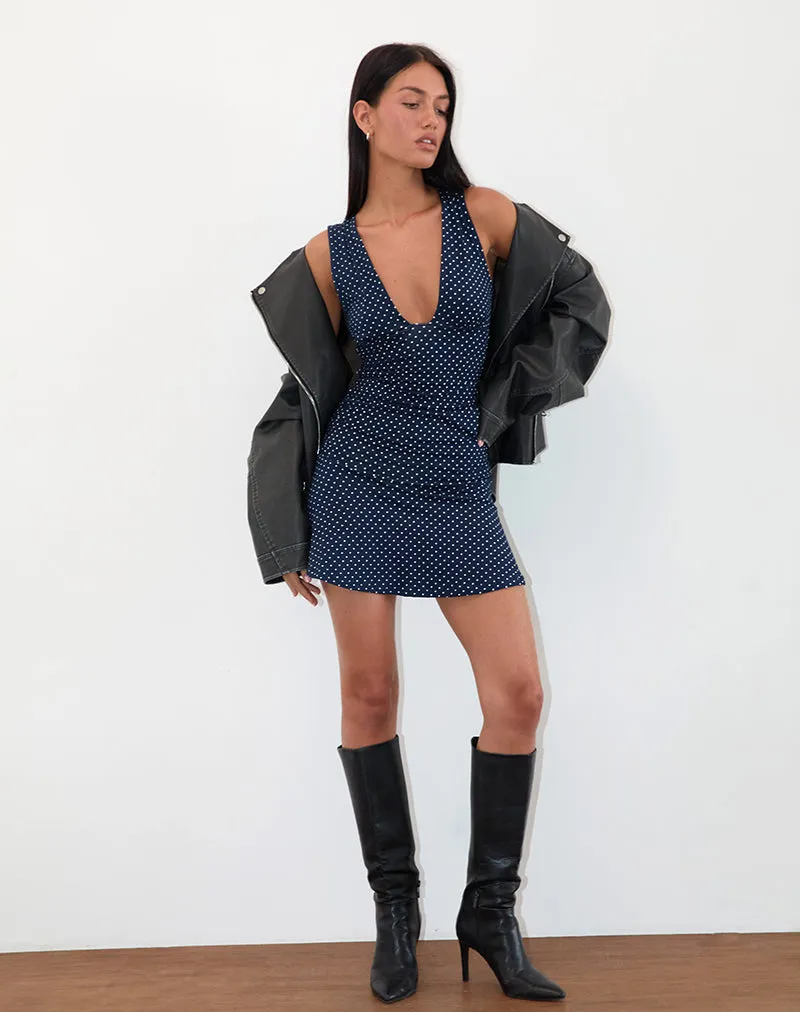 Luscian Plunge Mini Dress in Micro Polka Navy sold by Motel Rocks product image thumbnail 2