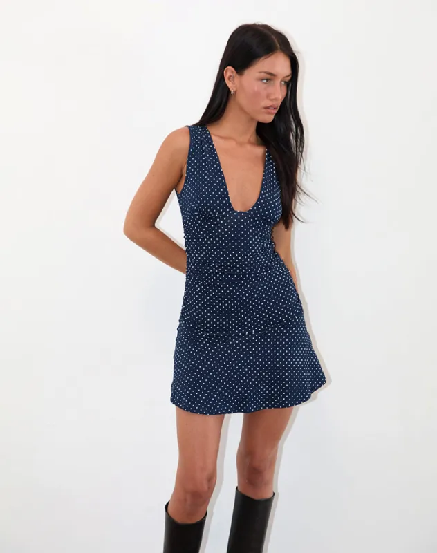 Luscian Plunge Mini Dress in Micro Polka Navy sold by Motel Rocks