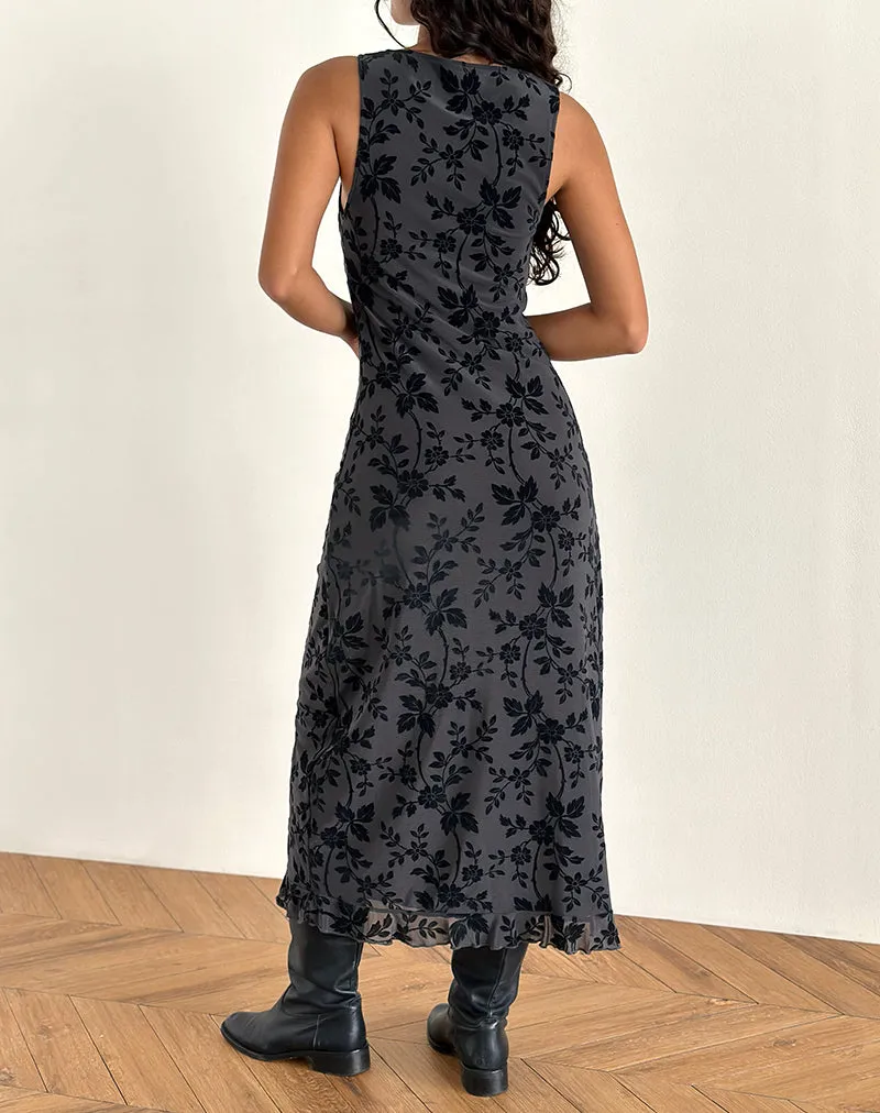 Gabriela Midi Dress in Vine Flocked Floral Ocean Storm sold by Motel Rocks product image thumbnail 4