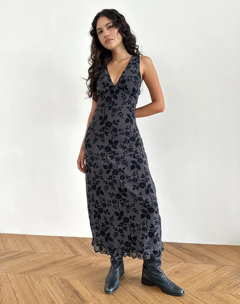 Gabriela Midi Dress in Vine Flocked Floral Ocean Storm sold by Motel Rocks product image thumbnail 5
