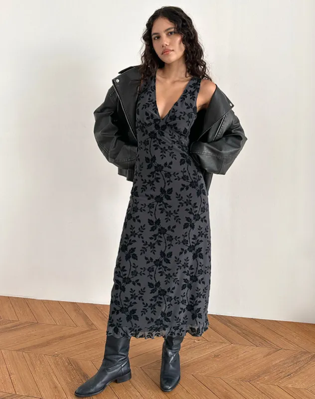 Gabriela Midi Dress in Vine Flocked Floral Ocean Storm sold by Motel Rocks
