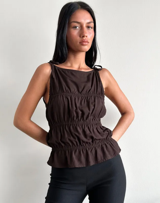 Beck Ruched Tie Strap Top in Bitter Chocolate sold by Motel Rocks