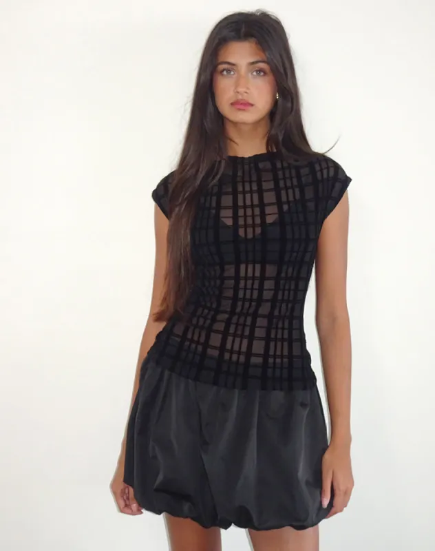 Nova Top in Tonal Check Flock Black sold by Motel Rocks