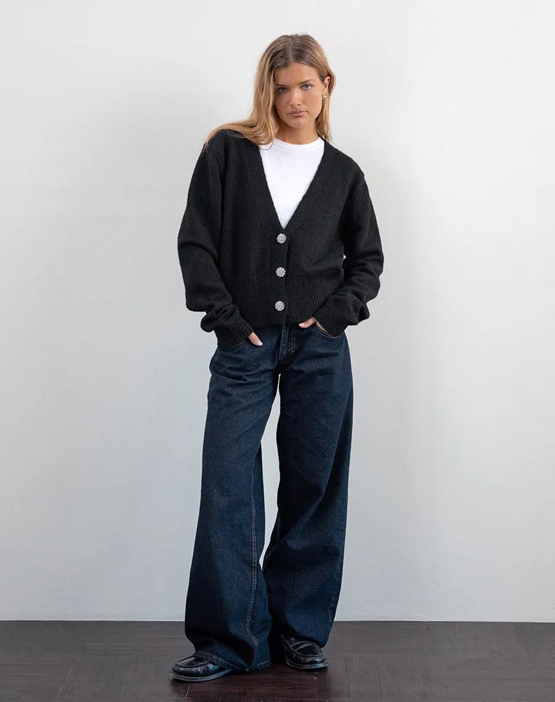 Acera Knitted Cardigan in Black with Silver Flower Buttons sold by Motel Rocks product image thumbnail 2