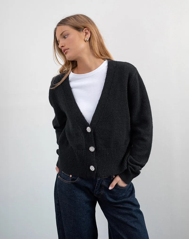 Acera Knitted Cardigan in Black with Silver Flower Buttons sold by Motel Rocks