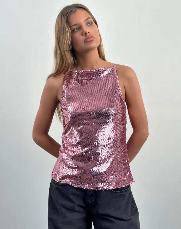 Damske Vest Top in Pink Sequin sold by Motel Rocks