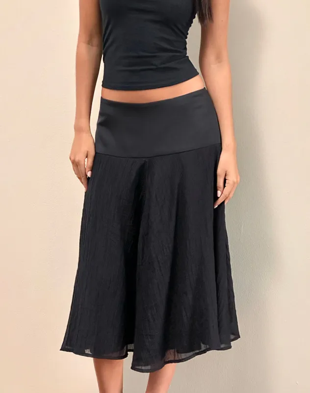 Diera Satin Chiffon Midi Skirt in Black sold by Motel Rocks
