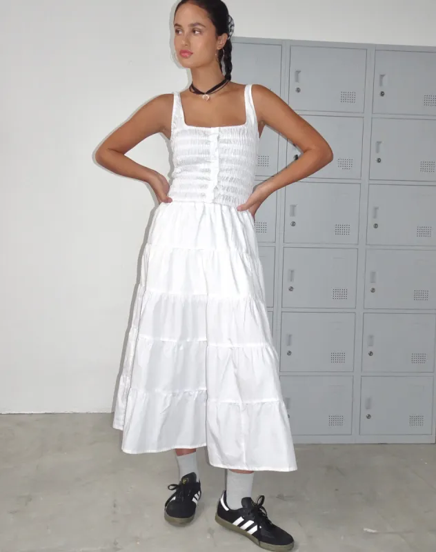 Koizumi Tiered Maxi Dress in Poplin White sold by Motel Rocks