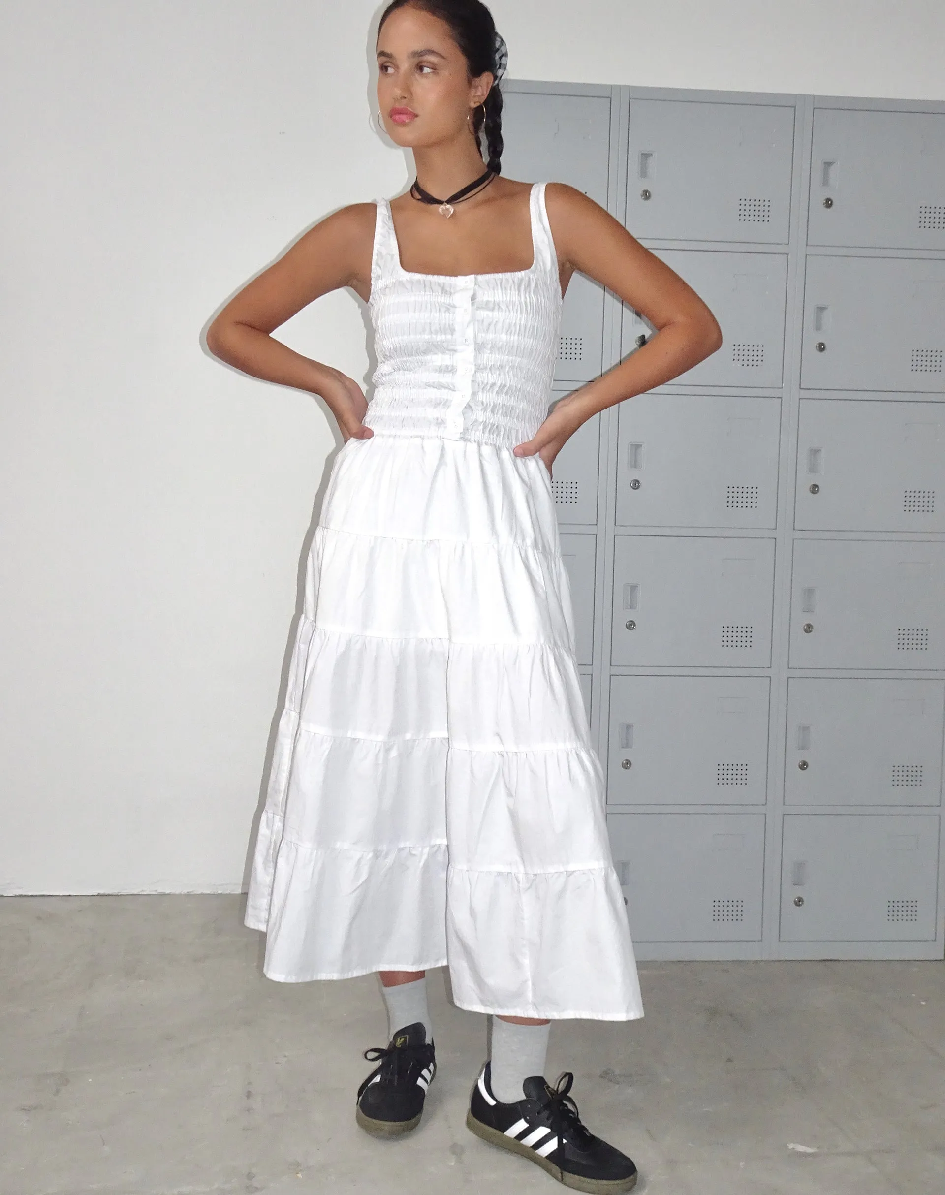 Koizumi Tiered Maxi Dress in Poplin White sold by Motel Rocks