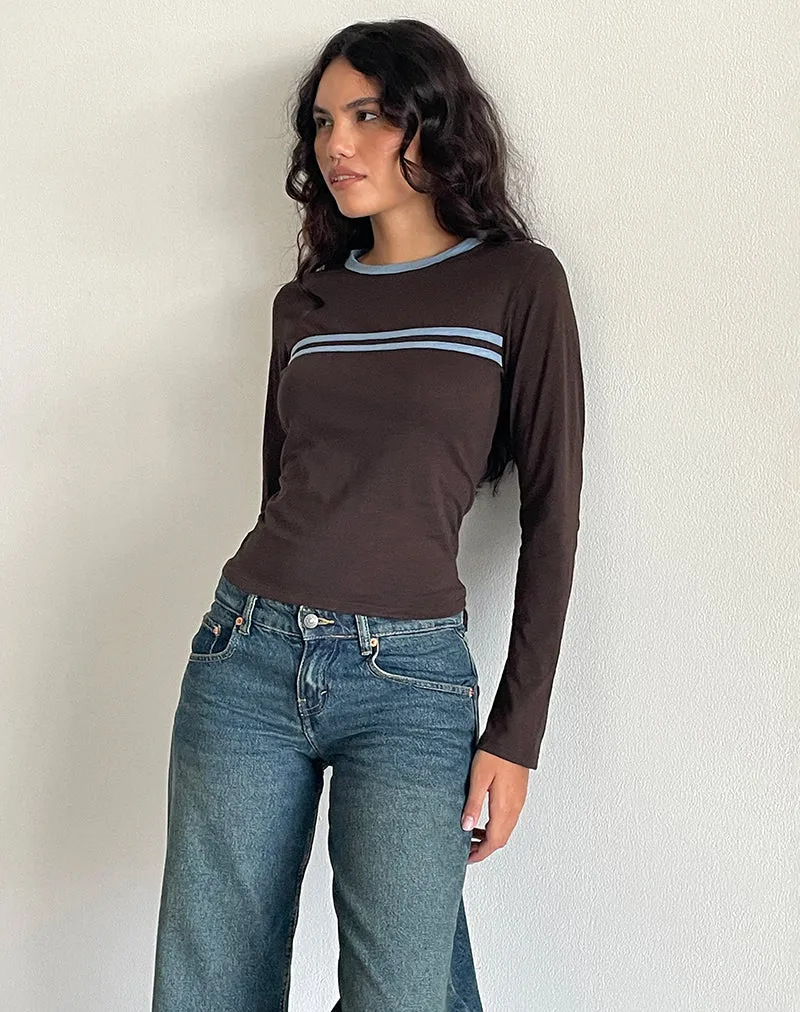 Bonjita Long Sleeve Top in Chocolate Brown with Ash Blue Two Stripe Binding sold by Motel Rocks product image thumbnail 5