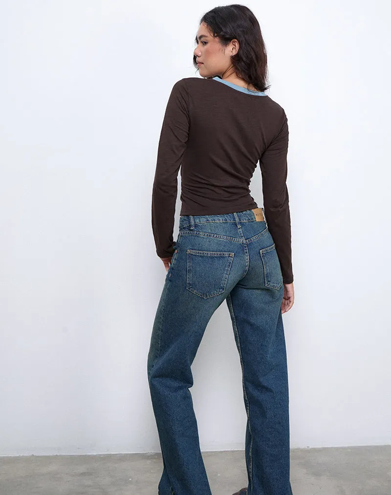 Bonjita Long Sleeve Top in Chocolate Brown with Ash Blue Two Stripe Binding sold by Motel Rocks product image thumbnail 3