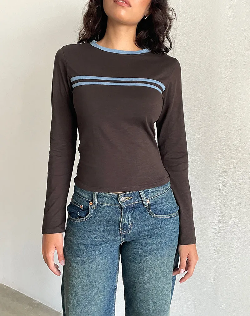 Bonjita Long Sleeve Top in Chocolate Brown with Ash Blue Two Stripe Binding sold by Motel Rocks product image thumbnail 2