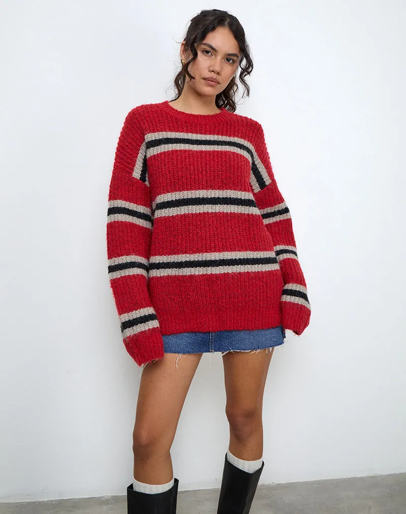 Lunet Knitted Jumper in Red and Black Stripe sold by Motel Rocks