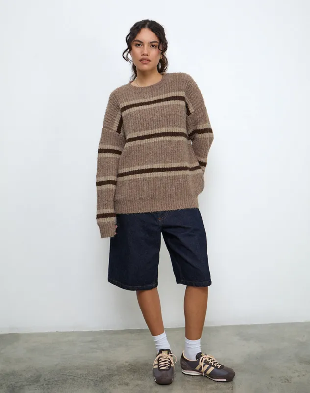Lunet Knitted Jumper in Stripe Tonal Brown sold by Motel Rocks