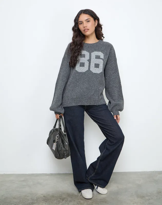 Namari Jumper in Grey Knit with 86 Motif sold by Motel Rocks