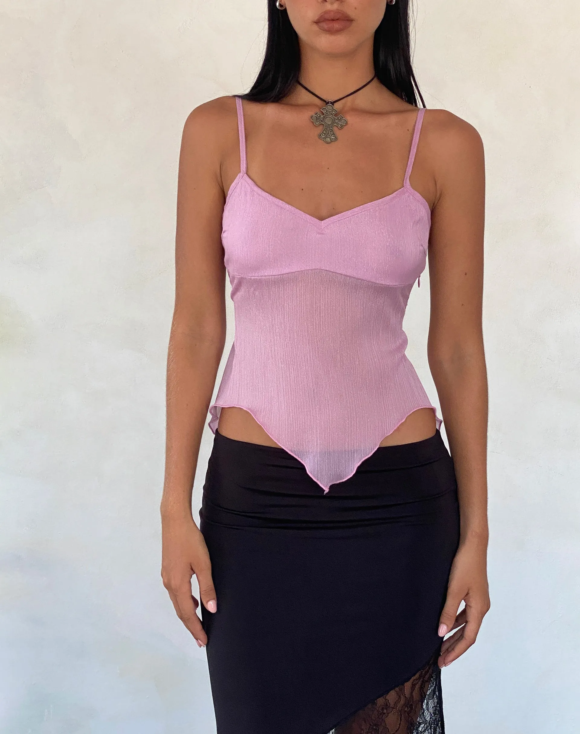 Carmeline Longline Cami Top in Shimmer Pink sold by Motel Rocks