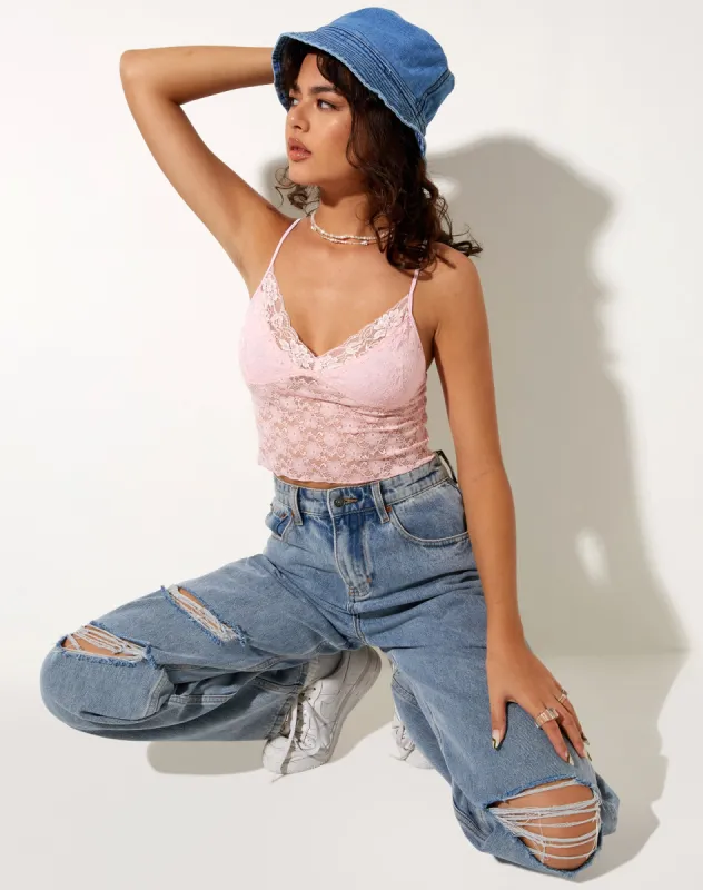 Mayrinda Crop Top in Lace Sweet Pink sold by Motel Rocks
