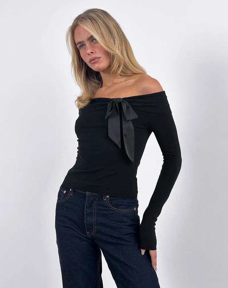 Orianne Bardot Top in Knit Black with Satin Bow sold by Motel Rocks product image thumbnail 5