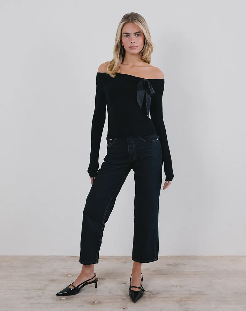 Orianne Bardot Top in Knit Black with Satin Bow sold by Motel Rocks product image thumbnail 2
