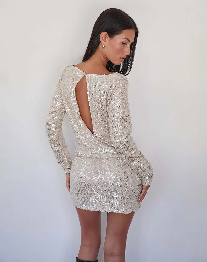 Jasilia Long Sleeve Mini Dress in Neutral Sequin sold by Motel Rocks product image thumbnail 3