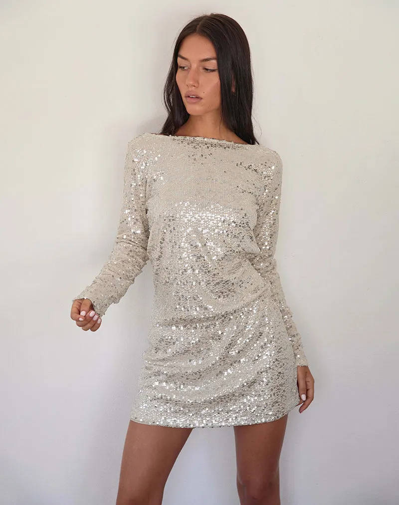 Jasilia Long Sleeve Mini Dress in Neutral Sequin sold by Motel Rocks