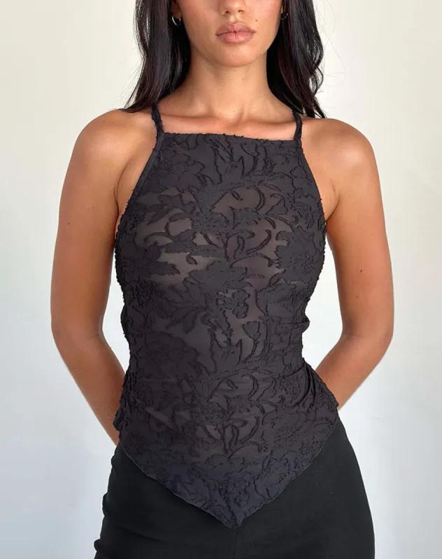 Maddison Top in Sheer Flower Black sold by Motel Rocks